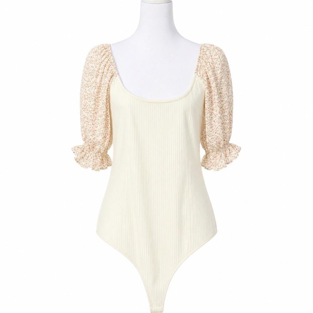 Heyson Floral Puff Sleeve Ribbed Bodysuit Cream Pink 1XL New NWT Cottagecore‎